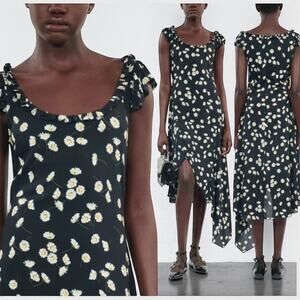 The Kooples Daisy Print Ruffle Straps Asymmetric Hem Midi Dress Size 1 NWT